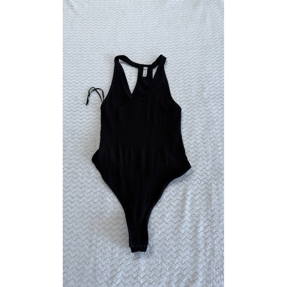 Intimately Free People Black Ribbed V-Neck Racerback Bodysuit XS OB534928